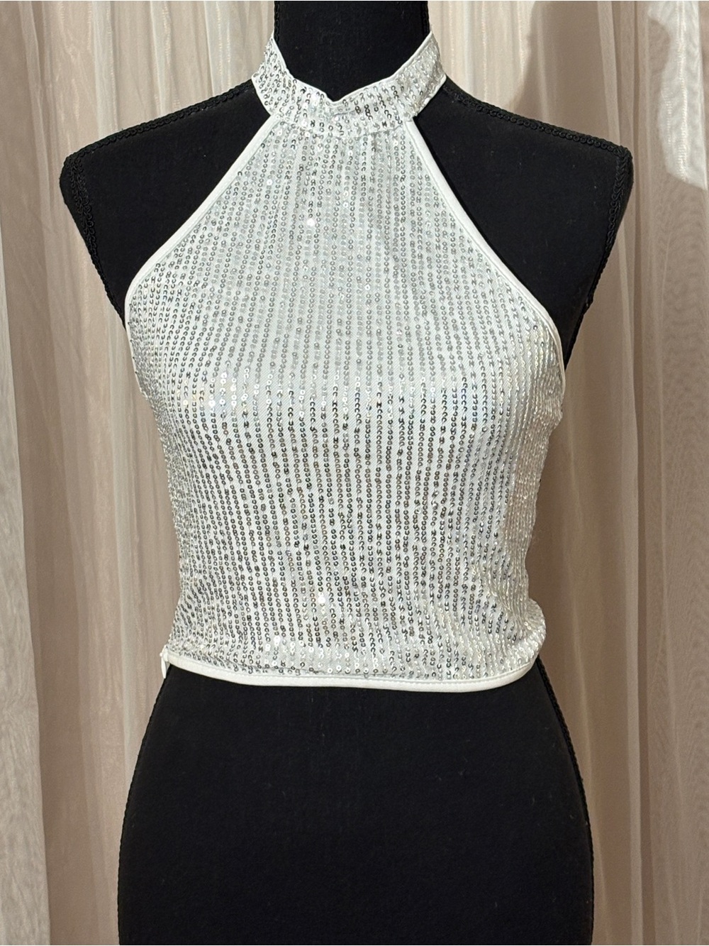 Silver over White Sequin Halter Crop Top